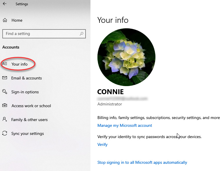 Figure 1.3 – Microsoft account information (go to Windows Start menu, then choose Settings)