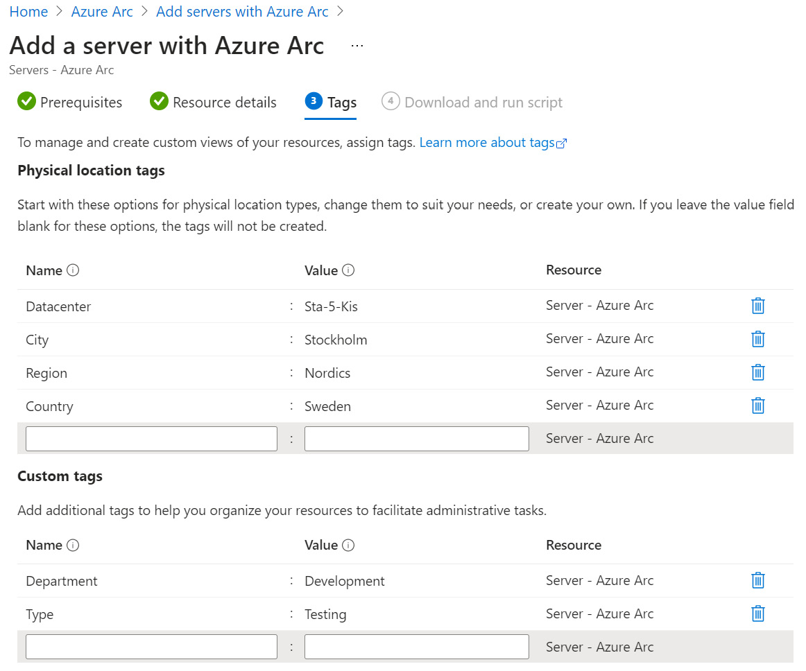 Figure 2.4 – Add a server with Azure Arc – Physical location tags
