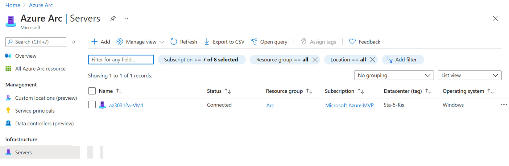 Figure 2.8 – Newly onboarded server visible in the Azure Arc | Servers blade