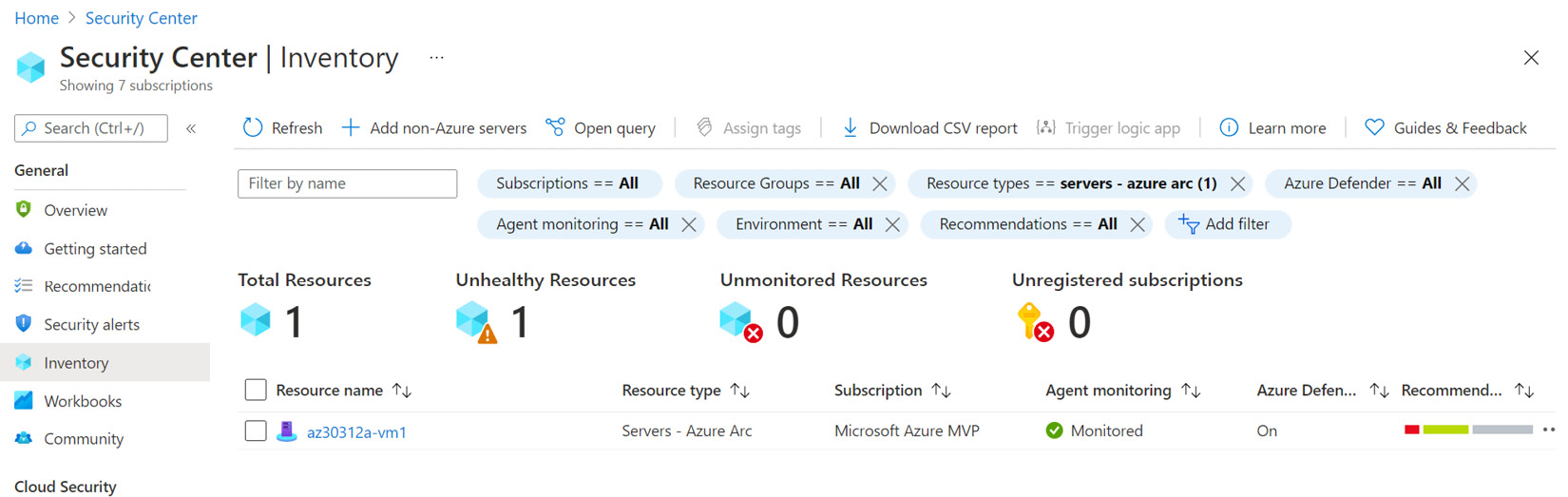 Figure 2.9 – Newly onboarded server visible in Microsoft Defender for Cloud | Inventory
