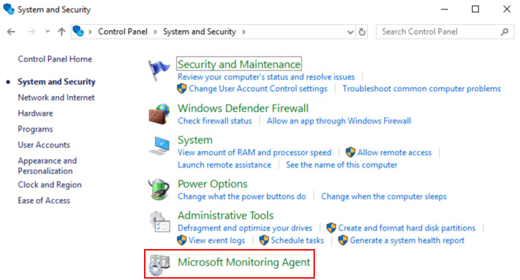 Figure 2.13 – Control Panel displaying the installed Windows Agent (Microsoft Monitoring Agent)