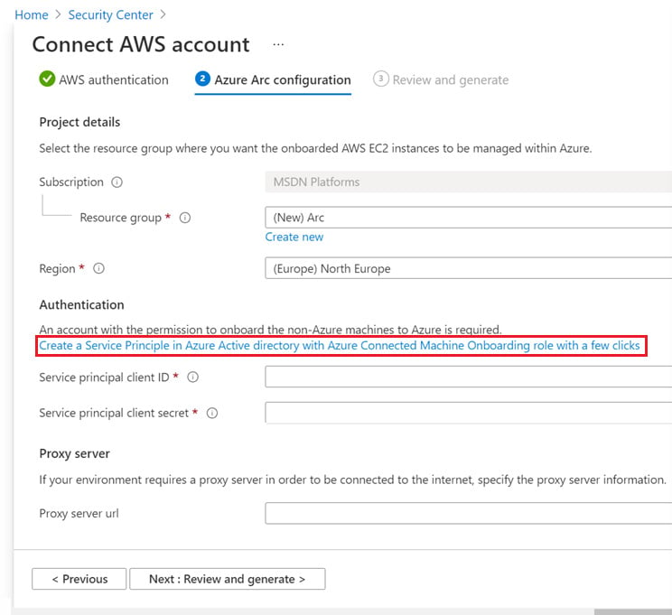 Figure 2.25 – Connect AWS account – ❷ The Azure Arc configuration page
