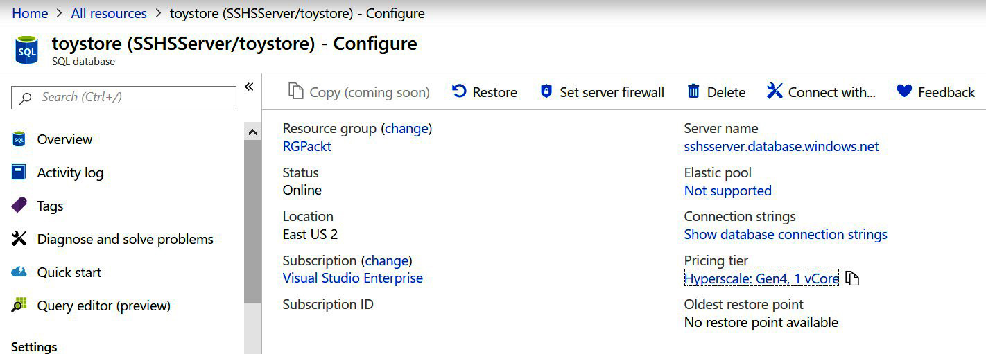 In the toystore SQL database—Configure pane, viewing the pricing tier