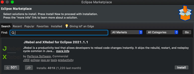 Figure 1.8 – Eclipse IDE installing JRebel
