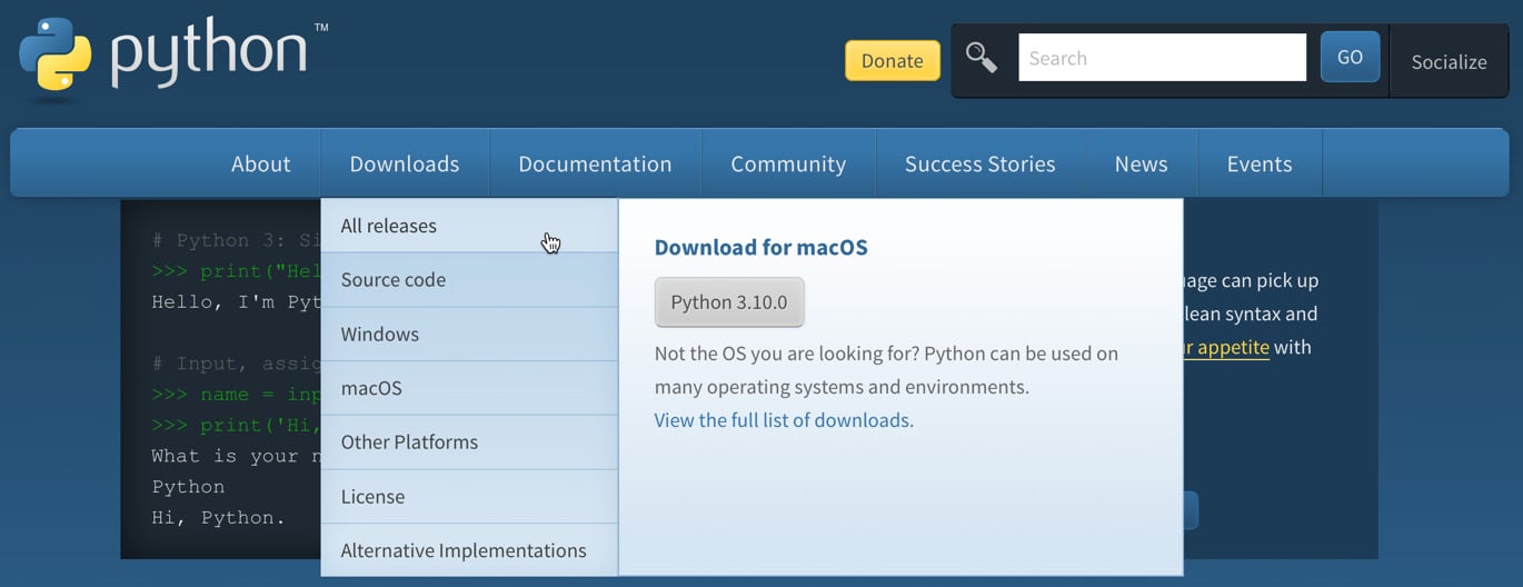 Figure 1.1: The Downloads tab at python.org
