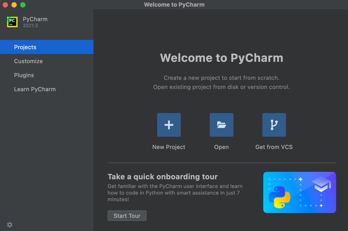 Figure 1.2: The opening PyCharm screen on an Apple Mac (the screen on other platforms will look similar but not the same)
