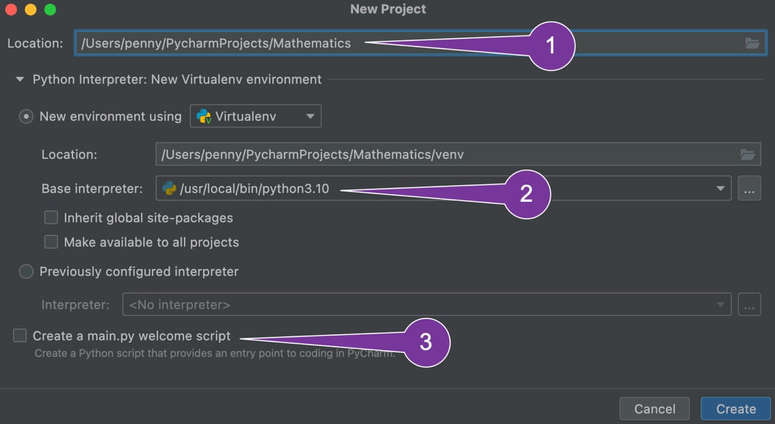 Figure 1.3: PyCharm’s New Project window and settings
