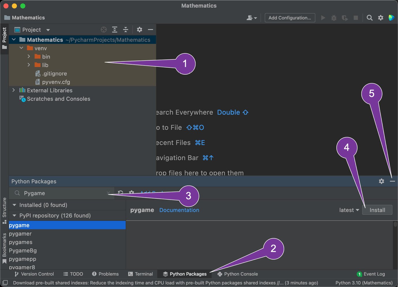 Figure 1.4: The PyCharm interface and package installation window
