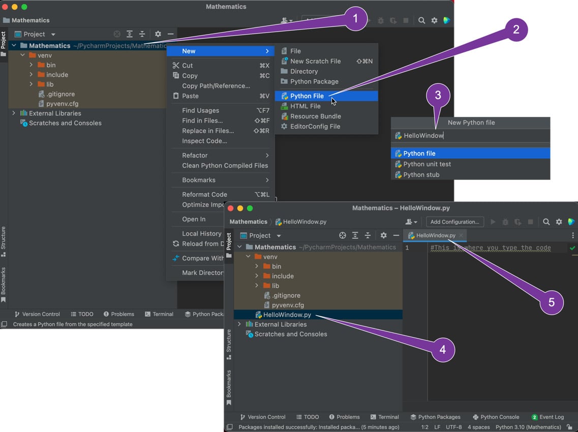 Figure 1.5: Creating a new Python script file (steps 1-5)
