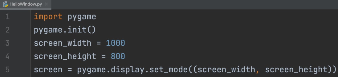 Figure 1.6: Code entered into PyCharm to generate a basic graphics window
