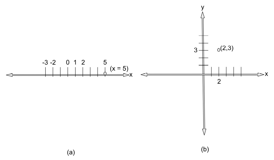 Figure 1.11: Cartesian plots of x = 5 in one dimension (a) and (2,3) in two dimensions (b)
