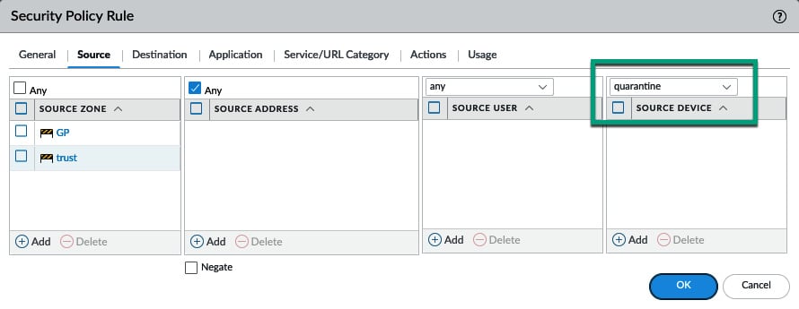 Figure 1.18 – Quarantine match on a security policy rule
