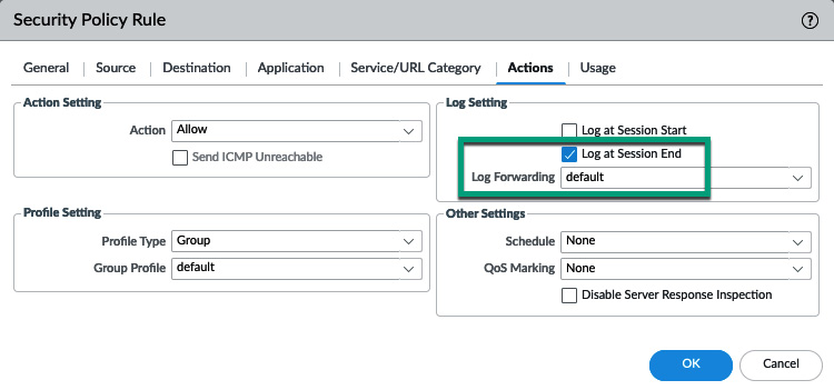 Figure 1.23 – Log forwarding profile in a security policy rule
