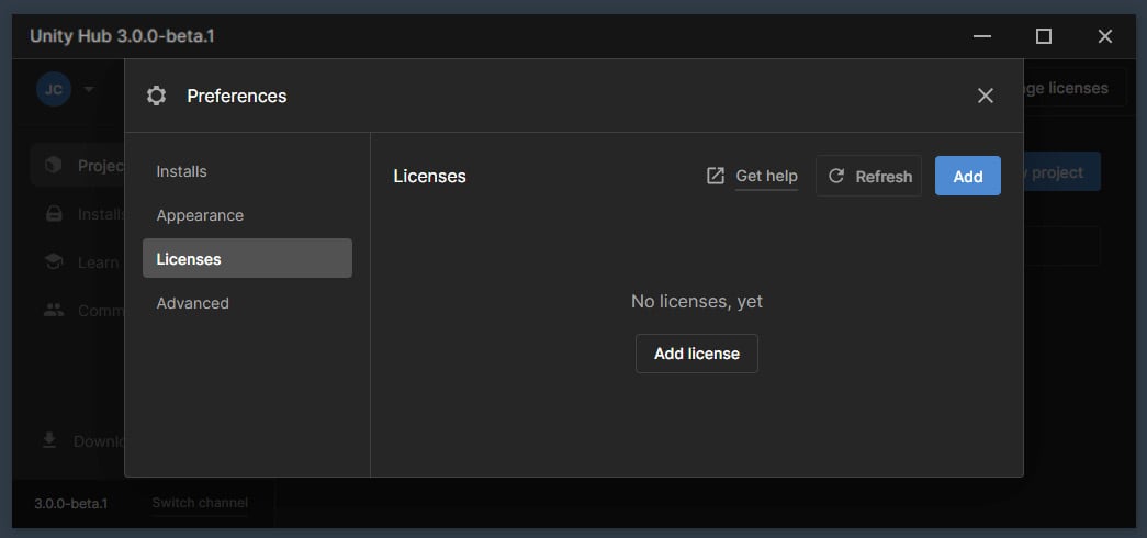 Figure 1.8 – The Licenses setting panel
