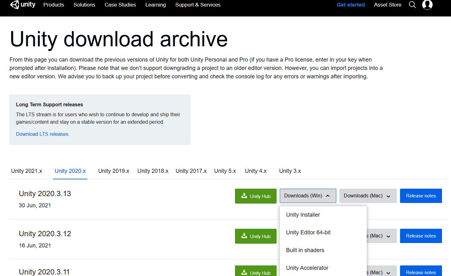 Figure 1.14 – The Unity download archive page
