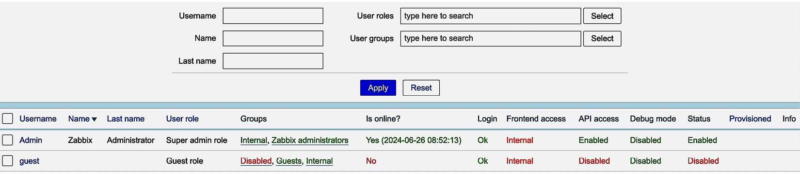 Figure 2.16 – The Zabbix Users window