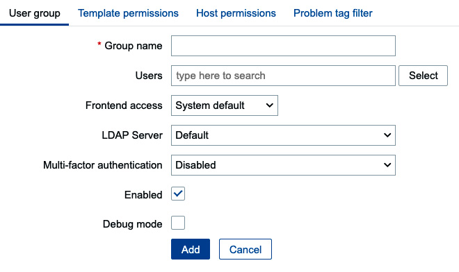 Figure 2.3 – The Zabbix User groups configuration window