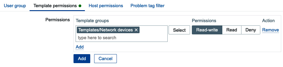 Figure 2.4 – The Zabbix User groups Template permissions configuration window