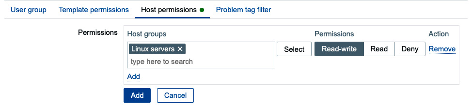 Figure 2.6 – The Zabbix User groups Permissions configuration window with one host group