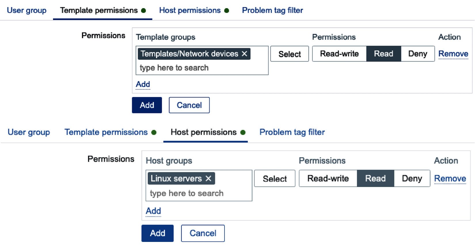 Figure 2.7 – The Zabbix User groups Permissions configuration window with two groups