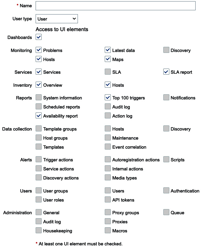 Figure 2.9 – The top part of a new Zabbix User role configuration window