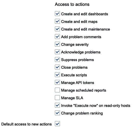 Figure 2.11 – A new Zabbix User+ role with correct Access to actions settings