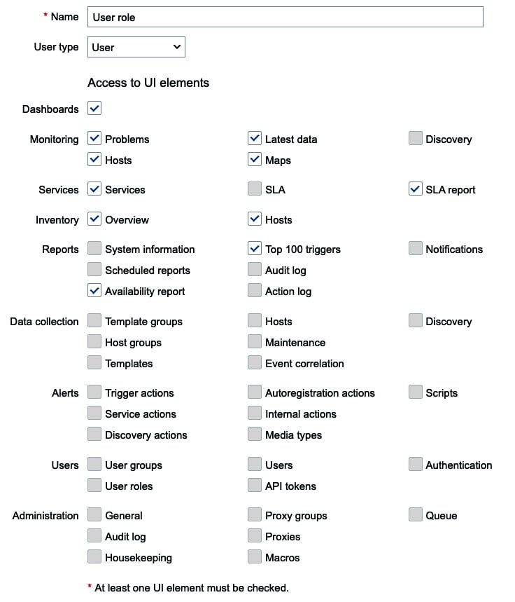 Figure 2.12 – Default Zabbix user role called User role Access to UI elements