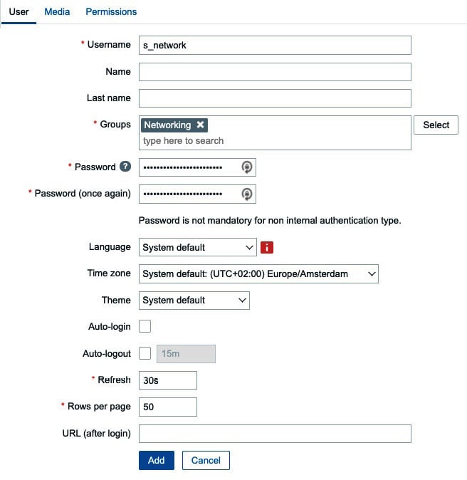 Figure 2.17 – The Zabbix Users configuration window