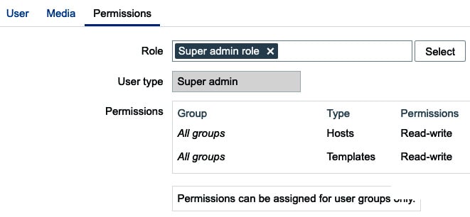 Figure 2.18 – The Zabbix user Permissions configuration window