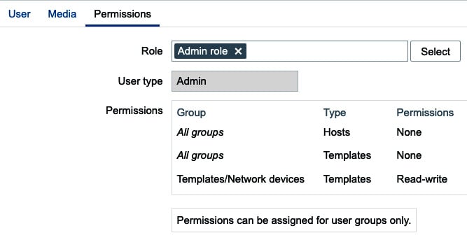 Figure 2.19 – The Zabbix user Permissions configuration window