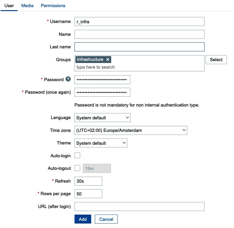 Figure 2.20 – The Zabbix user configuration window for r_infra