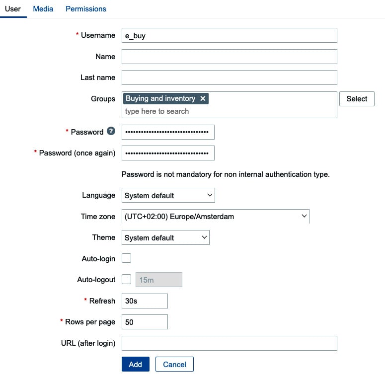 Figure 2.21 – The Zabbix User configuration window for e_buy