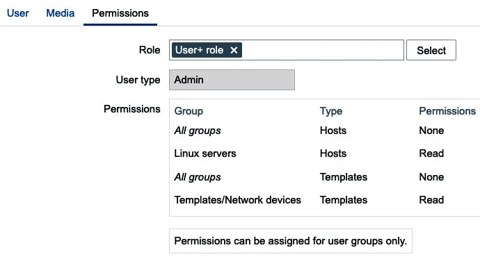 Figure 2.22 – The Zabbix user configuration window for e_buy