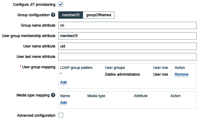 Figure 2.48 – Zabbix LDAP authentication setup with JIT