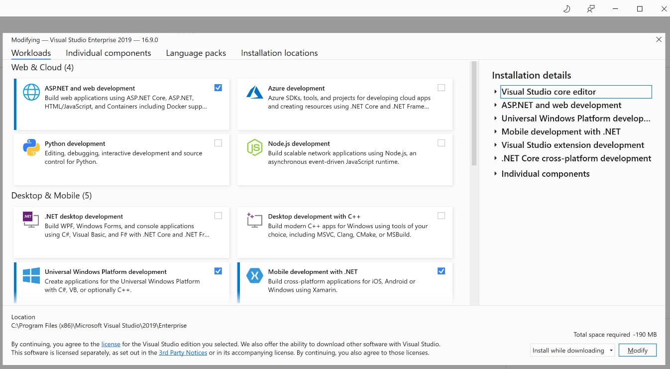 Figure 1.4 – The Visual Studio Installer showing various workload options
