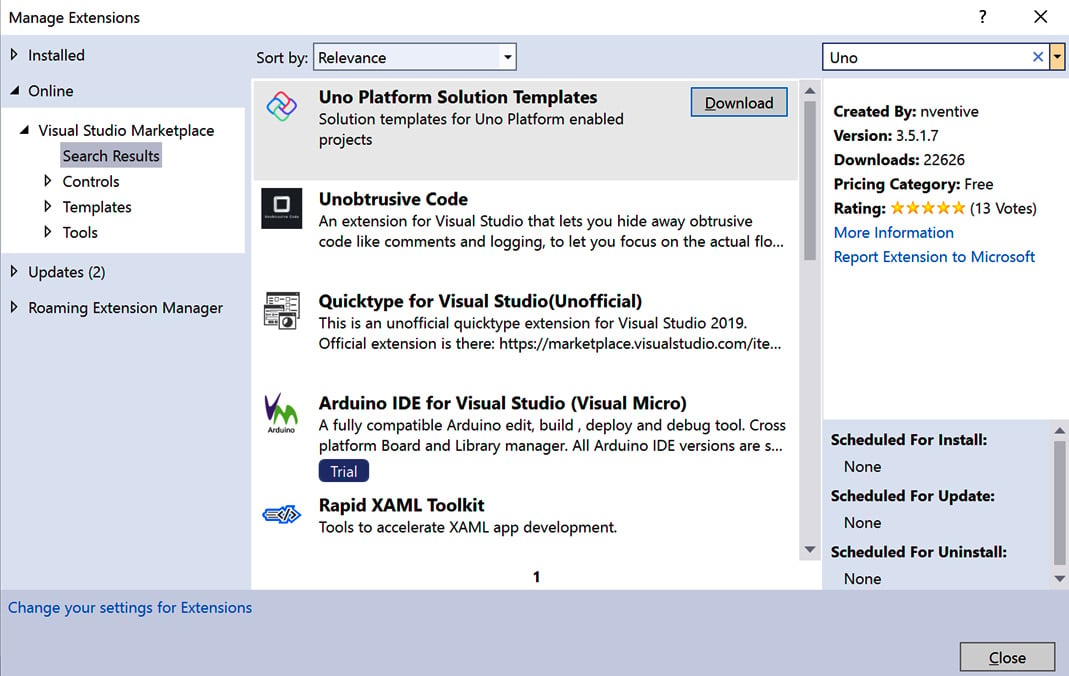 Figure 1.5 – Uno Platform Solution Templates shown in the Manage Extensions dialog
