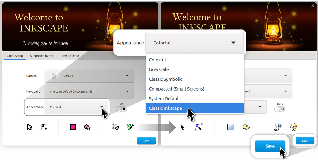 Figure 1.2 – Changing the icon theme to Classic Inkscape