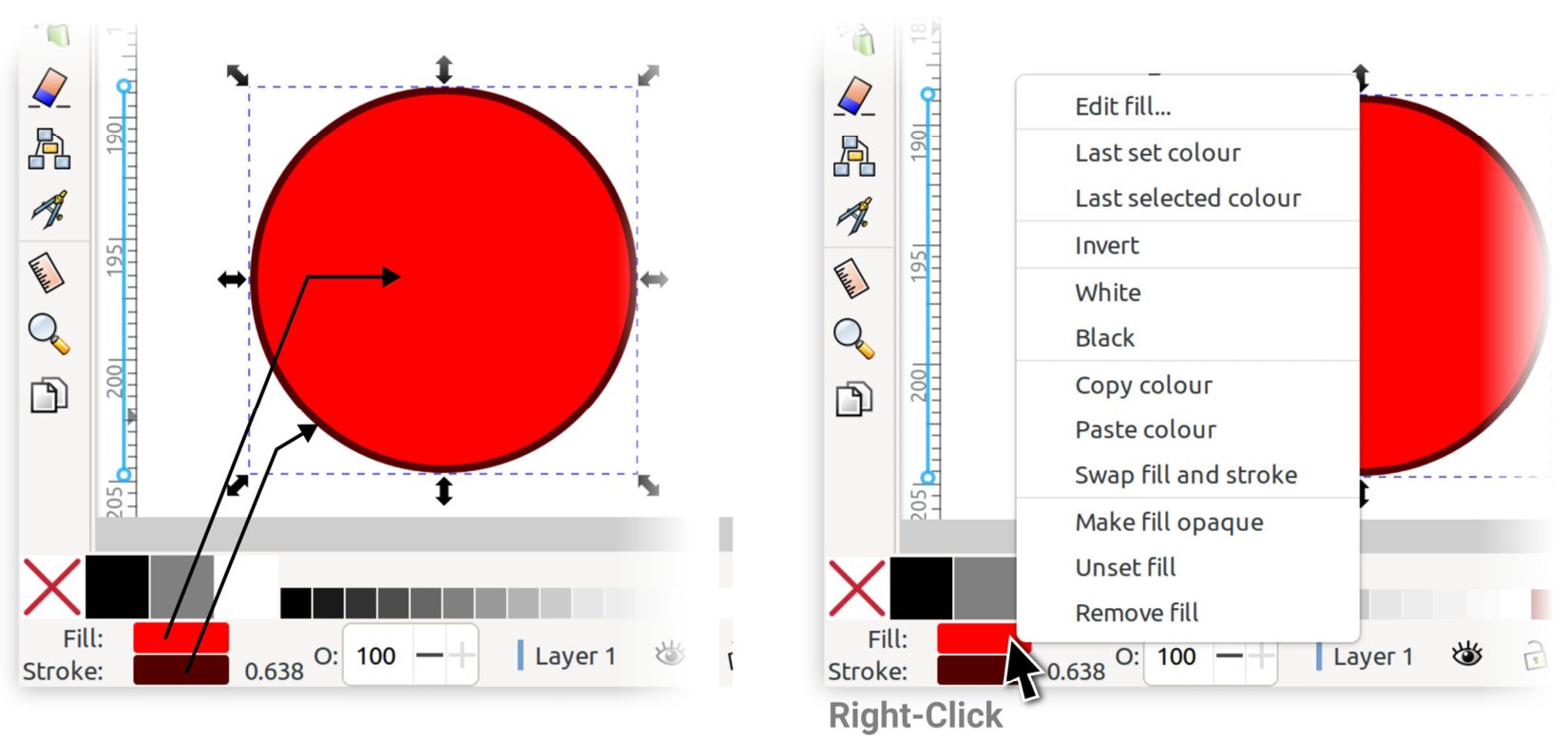 Figure 1.18 – Fill and stroke indicators (left) and the options you get after right-clicking the Fill or Stroke color bars (right)