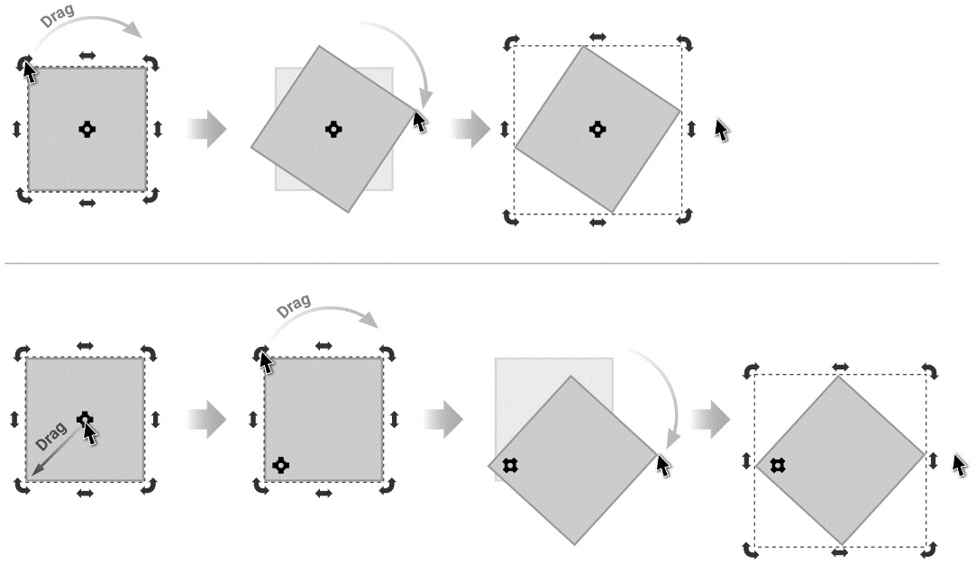 Figure 2.26 – Rotation (top) versus moving the pivot point and rotating (bottom)