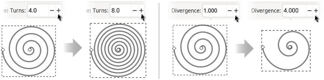 Figure 3.19 – Increasing the Turns value (left) and increasing the Divergence value (right)