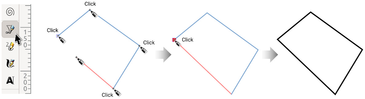 Figure 5.13 – Making an open or closed shape with the Bezier Curve tool