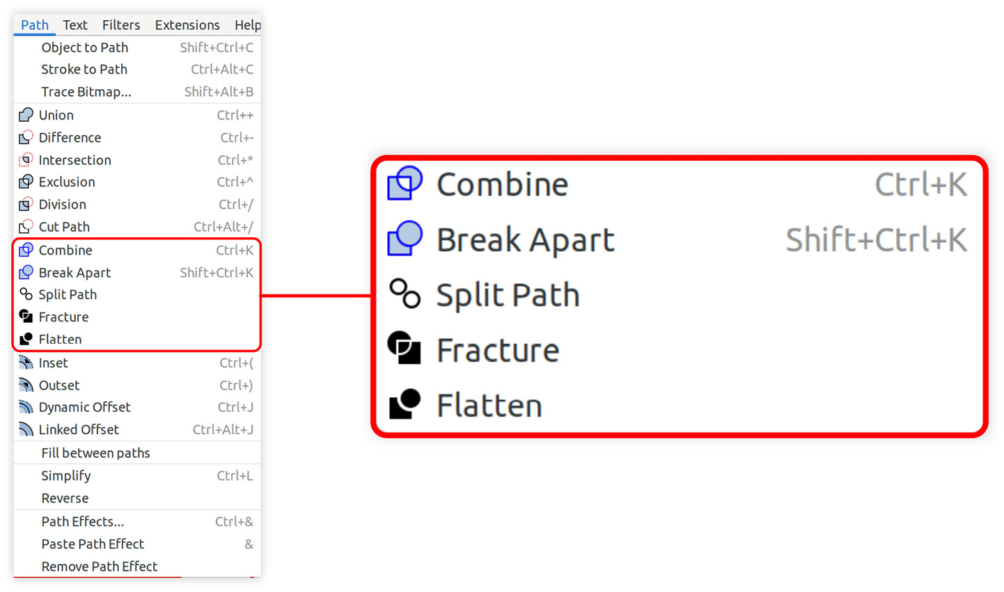 Figure 6.13 – The Combine, Break Apart, Split Path, Fracture, and Flatten operations in the Path menu