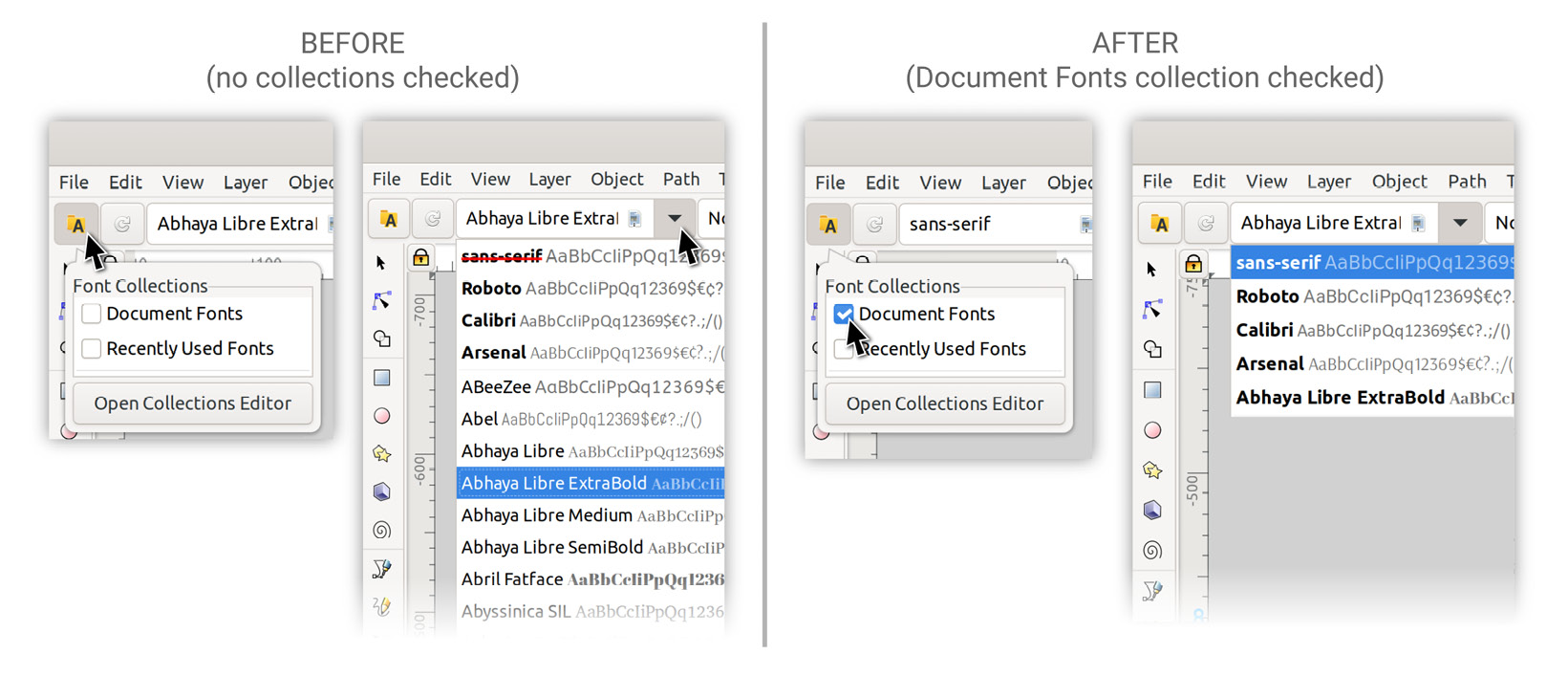 Figure 7.21 – No collections checked ﻿versus Document Fonts collection checked