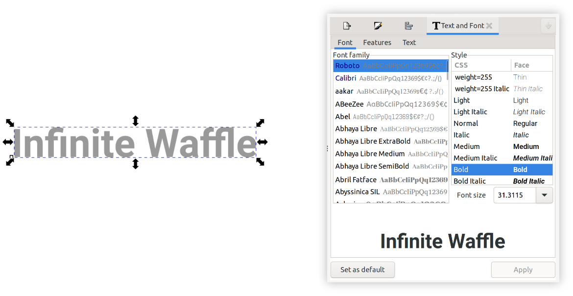 Figure 7.23 – The Text and Font dialog with a text object selected