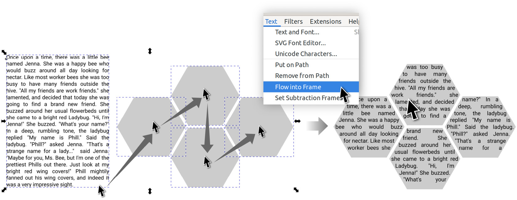 Figure 7.34 – Flowing text through four hexagons