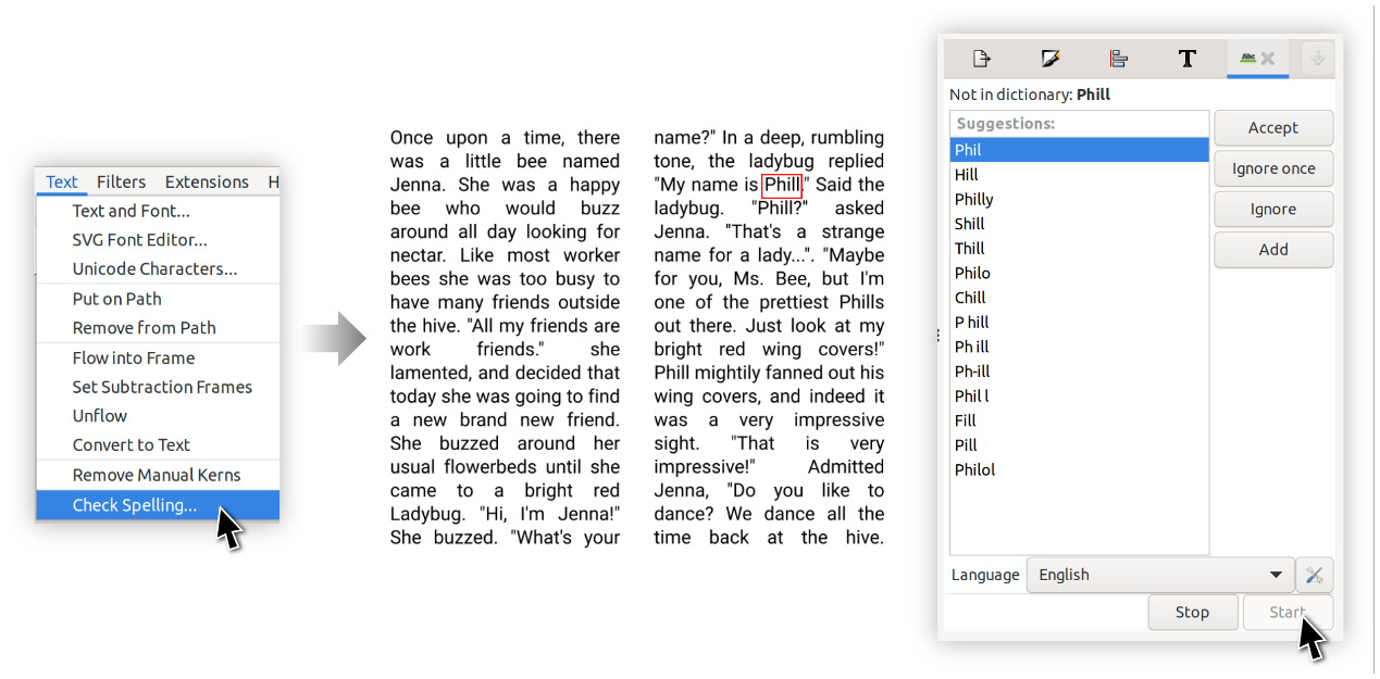 Figure 7.36 – Summoning the Check Spelling dialog and starting the spellcheck