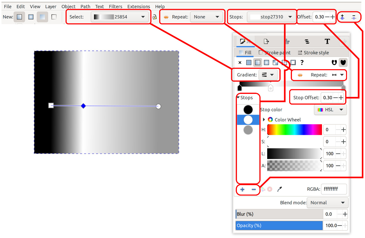 Figure 8.15 – The Gradient Editor in the Fill tab with equivalent features shown in the Tool control bar for the Gradient tool