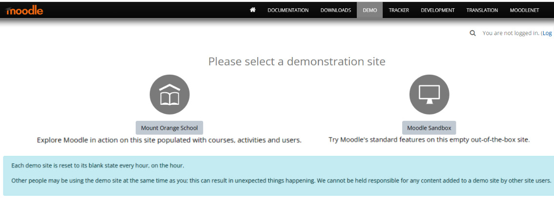 Figure 1.3 – The Moodle demo site has two options: starting from scratch via Moodle Sandbox or partially completed and populated courses via Mount Orange School
