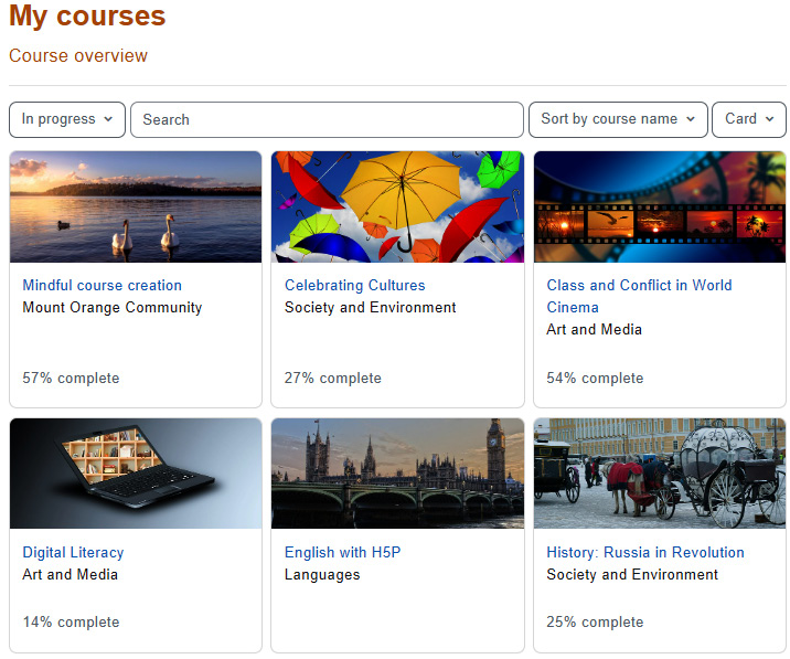 Figure 1.9 – Moodle 4.0's My courses page with a course overview that shows the percentage completed for each course
