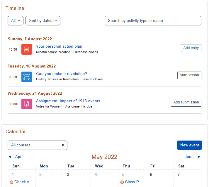 Figure 1.10 – Moodle 4.0's updated Timeline and Calendar
